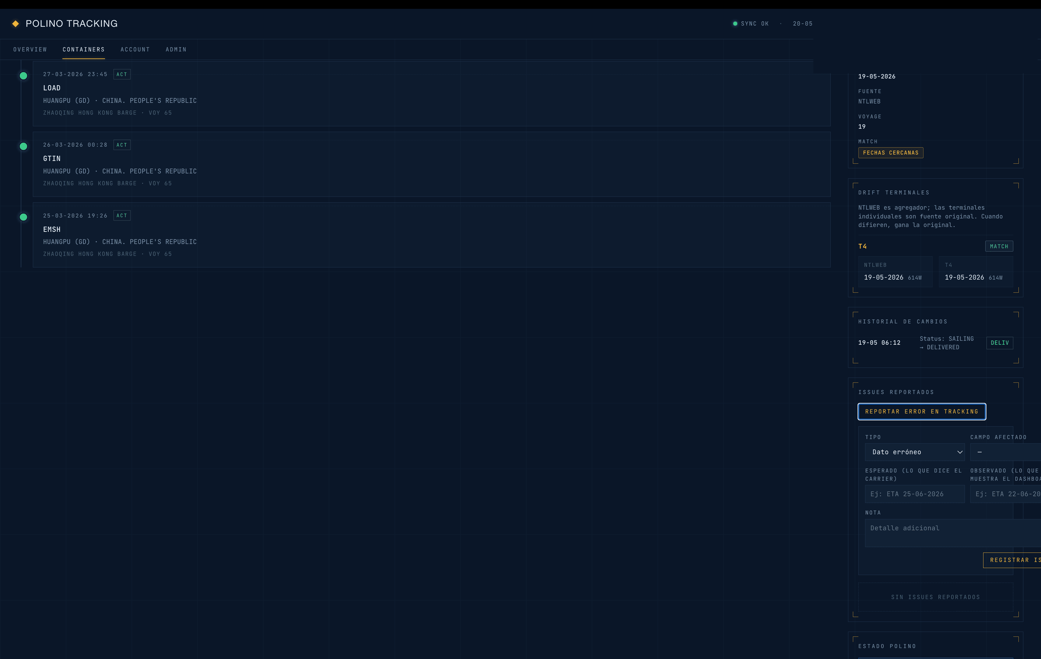 Dashboard de Polino Tracking: listado de contenedores con eventos, cruce de terminales y reporte de errores