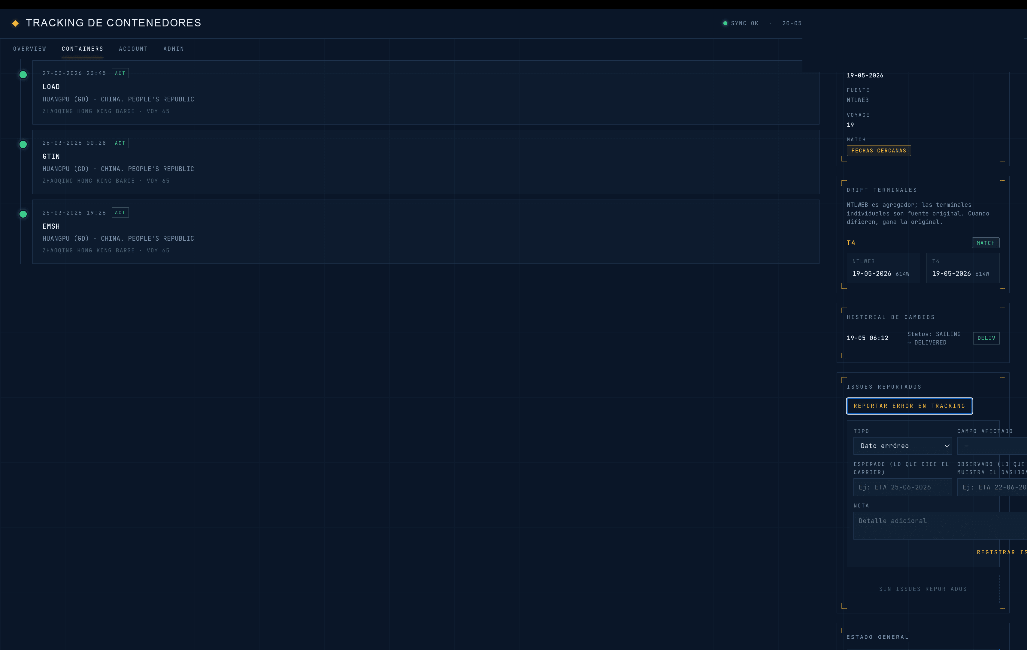 Dashboard de tracking: listado de contenedores con eventos, cruce de terminales y reporte de errores